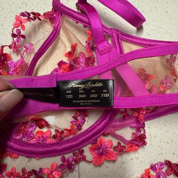 SOLD Honey Birdette Floral Lingerie Set Garter 34D Small - Picture 10 of 13